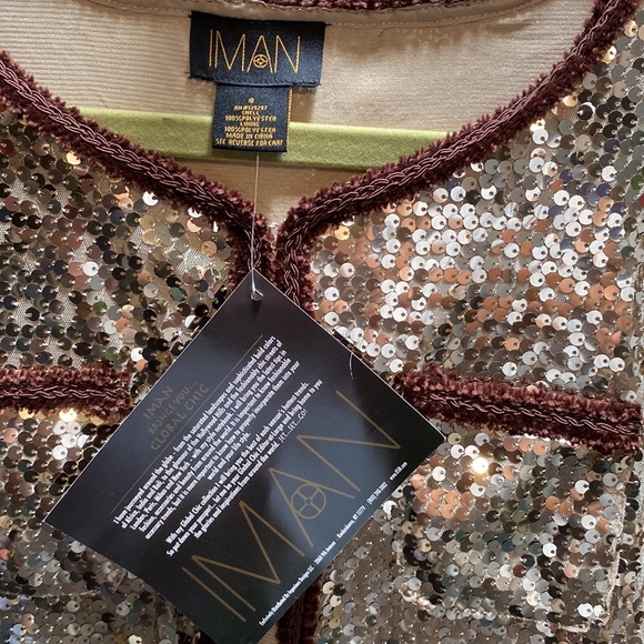 IMAN Global Chic Gold Sequin Jacket w/brown trim- Size Small- NWT - Picture 3 of 5